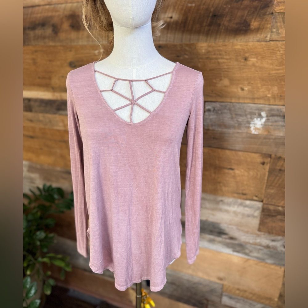 American Eagle Mauve Lattice Cage Neck Long Sleeve Top Size Extra Small